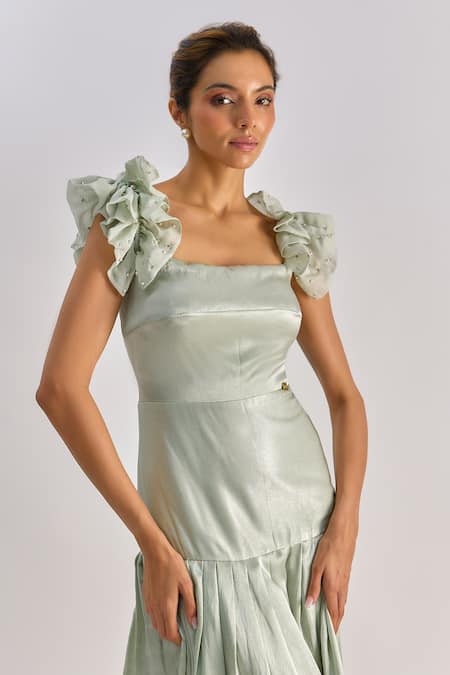 Shop_Emblaze_Green Organza, Shantoon Square Neck Ruffled Shoulder Midi Dress _Online_at_Aza_Fashions