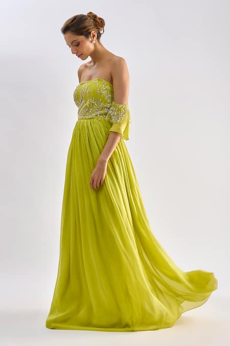 Emblaze_Lime Tulle Beads Off-shoulder Embellished Bodice Gown _Online_at_Aza_Fashions