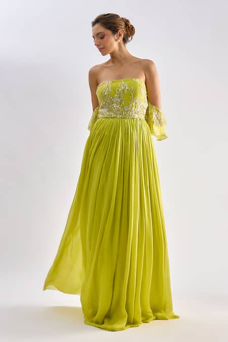 Buy_Emblaze_Lime Tulle Beads Off-shoulder Embellished Bodice Gown _Online_at_Aza_Fashions