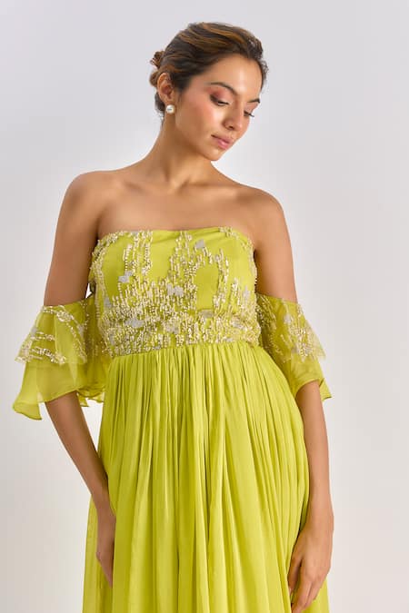 Shop_Emblaze_Lime Tulle Beads Off-shoulder Embellished Bodice Gown _Online_at_Aza_Fashions