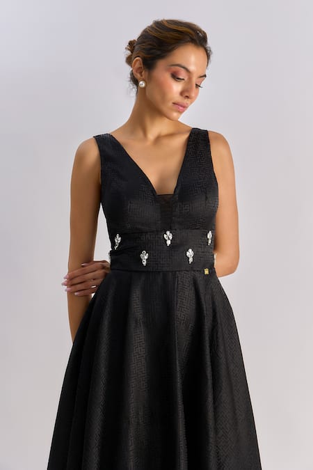 Emblaze_Black Brocade Crystals V-neck Midi Dress _Online_at_Aza_Fashions