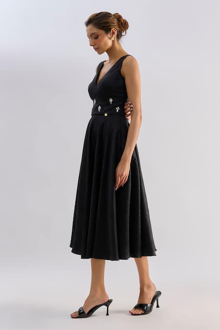Buy_Emblaze_Black Brocade Crystals V-neck Midi Dress _Online_at_Aza_Fashions