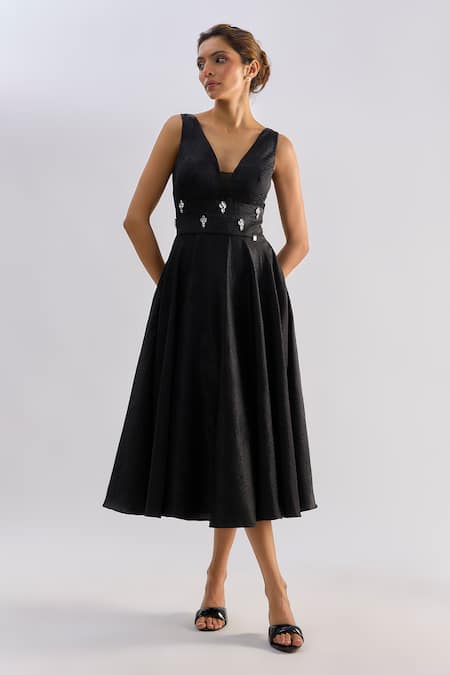 Emblaze_Black Brocade Crystals V-neck Midi Dress _at_Aza_Fashions