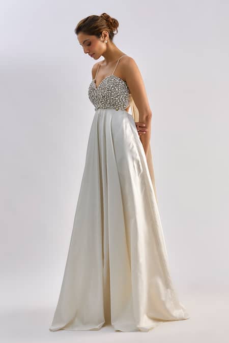 Emblaze_White Brocade, Tulle Crystals Sweetheart Neck Swarovski Embellished Gown _Online_at_Aza_Fashions