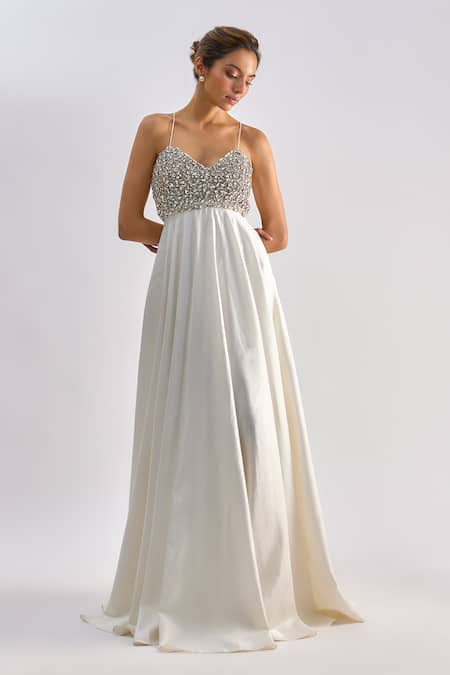 Buy_Emblaze_White Brocade, Tulle Crystals Sweetheart Neck Swarovski Embellished Gown _Online_at_Aza_Fashions