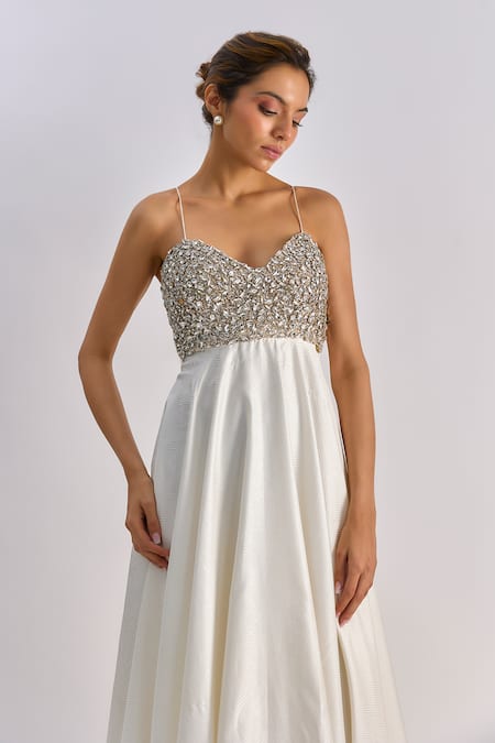 Shop_Emblaze_White Brocade, Tulle Crystals Sweetheart Neck Swarovski Embellished Gown _Online_at_Aza_Fashions
