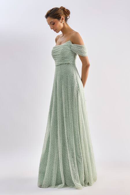 Emblaze_Mint Tulle Beads Off-shoulder Gown _Online_at_Aza_Fashions