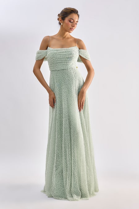 Buy_Emblaze_Mint Tulle Beads Off-shoulder Gown _Online_at_Aza_Fashions