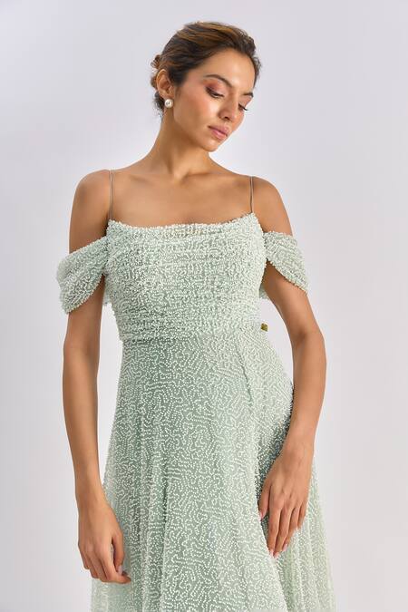 Shop_Emblaze_Mint Tulle Beads Off-shoulder Gown _Online_at_Aza_Fashions