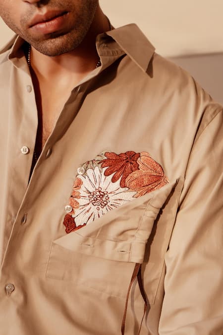 Buy_Rohit Doshi_Gray Suiting Embroidery Floral Shirt _Online_at_Aza_Fashions