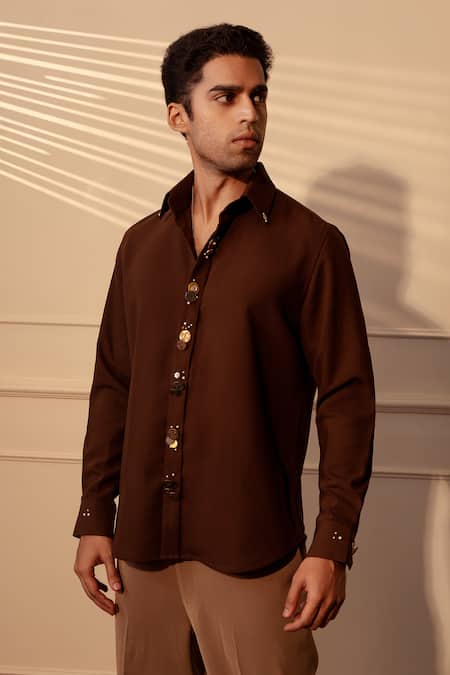 Rohit Doshi_Brown Lachka Armani Conceal Patti Button Shirt _Online_at_Aza_Fashions