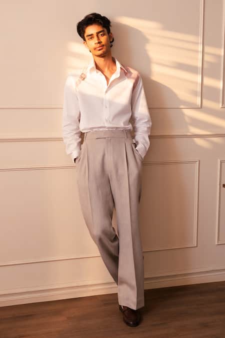 Rohit Doshi White Suiting Mock Strap Patch Detail Shirt Online at Aza Fashions Rohit Doshi_White Suiting Mock Strap Patch Detail Shirt _Online_at_Aza_Fashions