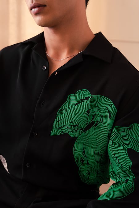 Shop_Rohit Doshi_Black Embroidery Abstract Swirl Pattern Shirt _Online_at_Aza_Fashions