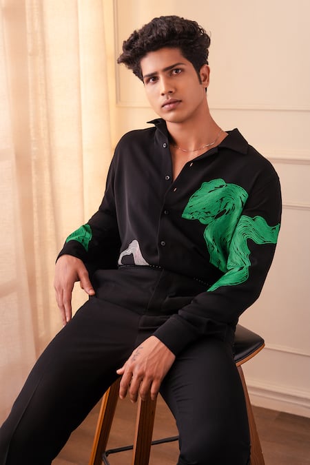 Rohit Doshi_Black Embroidery Abstract Swirl Pattern Shirt _at_Aza_Fashions