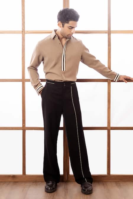 Rohit Doshi_Beige Polyester Stump Pattern Striped Shirt _Online_at_Aza_Fashions