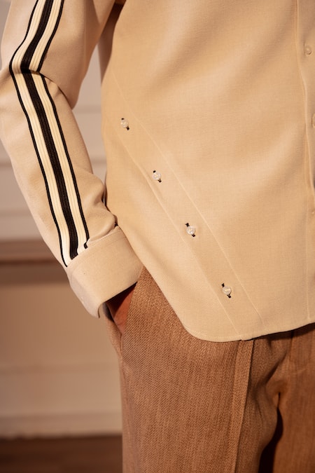 Rohit Doshi_Beige Polyester, Twill Striped Sleeve Gaaj Shirt _Online_at_Aza_Fashions
