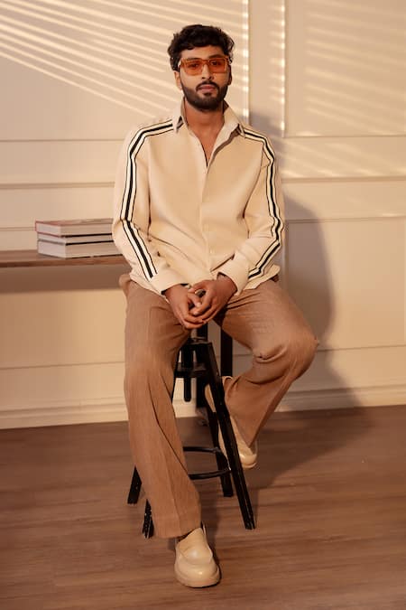 Buy_Rohit Doshi_Beige Polyester, Twill Striped Sleeve Gaaj Shirt _Online_at_Aza_Fashions