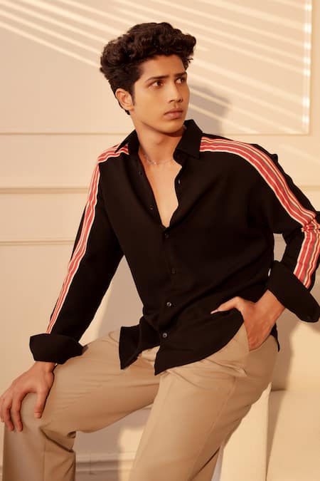 Shop_Rohit Doshi_Black Lachka Striped Pattern Shirt _Online_at_Aza_Fashions