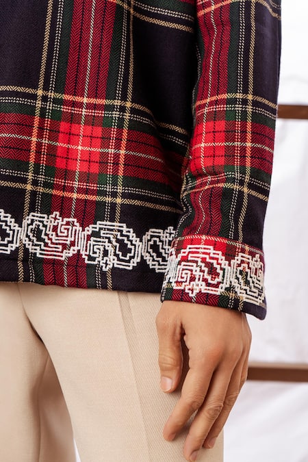 Rohit Doshi Blue Wool Embroidery Plaid Pattern Shirt Online at Aza Fashions Rohit Doshi_Blue Wool Embroidery Plaid Pattern Shirt _Online_at_Aza_Fashions