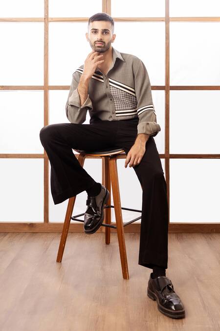 Rohit Doshi_Green Polyester, Twill Geometric Pattern Shirt _Online_at_Aza_Fashions