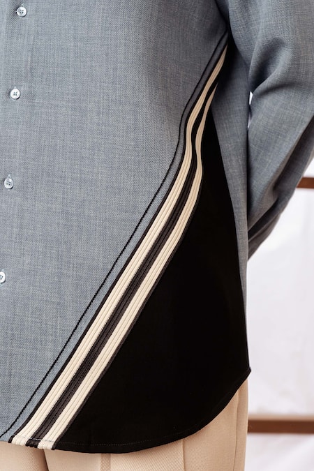 Buy_Rohit Doshi_Blue Polyester, Twill Colorblock Striped Pattern Shirt _Online_at_Aza_Fashions