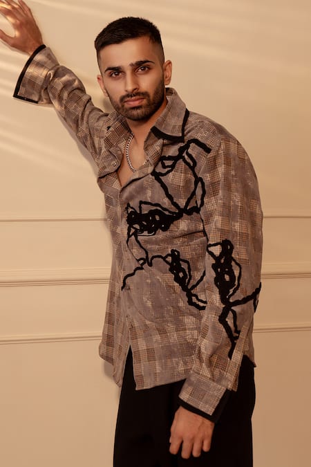 Rohit Doshi_Beige Velvet Embroidery Plaid Abstract Shirt _Online_at_Aza_Fashions