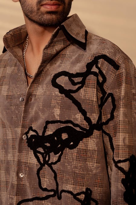 Buy_Rohit Doshi_Beige Velvet Embroidery Plaid Abstract Shirt _Online_at_Aza_Fashions