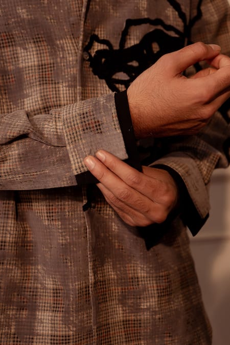 Shop_Rohit Doshi_Beige Velvet Embroidery Plaid Abstract Shirt _Online_at_Aza_Fashions