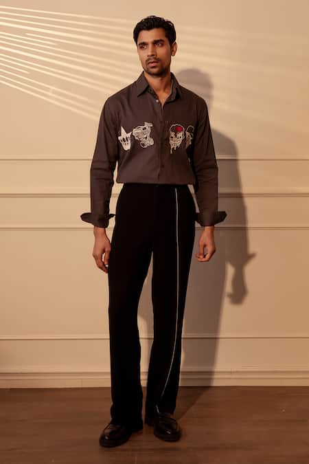 Rohit Doshi_Brown Suiting Embroidery Skull Graphic Shirt _Online_at_Aza_Fashions