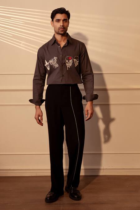 Buy_Rohit Doshi_Brown Suiting Embroidery Skull Graphic Shirt _Online_at_Aza_Fashions