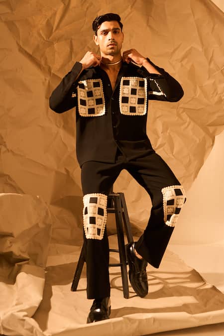 Rohit Doshi Black Patchwork Checkered Embroidered Shirt Online at Aza Fashions Rohit Doshi_Black Patchwork Checkered Embroidered Shirt _Online_at_Aza_Fashions
