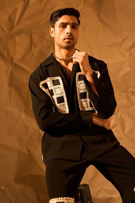 Buy Rohit Doshi Black Patchwork Checkered Embroidered Shirt Online at Aza Fashions Buy_Rohit Doshi_Black Patchwork Checkered Embroidered Shirt _Online_at_Aza_Fashions