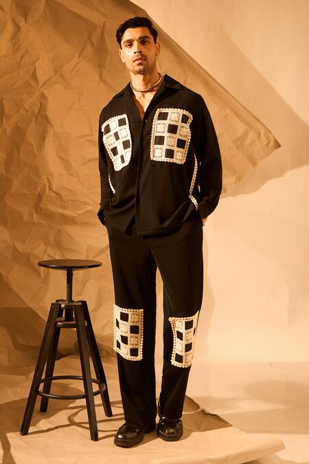 Shop Rohit Doshi Black Patchwork Checkered Embroidered Shirt Online at Aza Fashions Shop_Rohit Doshi_Black Patchwork Checkered Embroidered Shirt _Online_at_Aza_Fashions