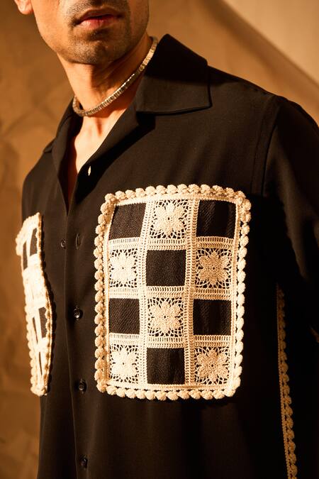 Rohit Doshi Black Patchwork Checkered Embroidered Shirt at Aza Fashions Rohit Doshi_Black Patchwork Checkered Embroidered Shirt _at_Aza_Fashions