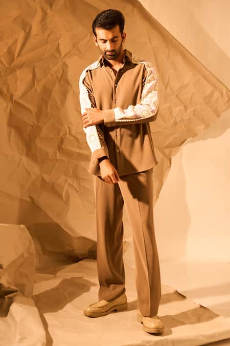 Buy_Rohit Doshi_Beige Textual Design Lachka And Armani Shirt _Online_at_Aza_Fashions