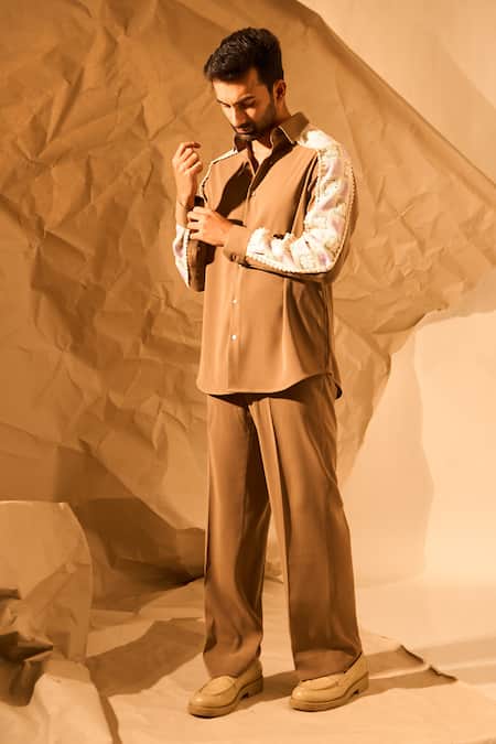 Shop_Rohit Doshi_Beige Textual Design Lachka And Armani Shirt _Online_at_Aza_Fashions