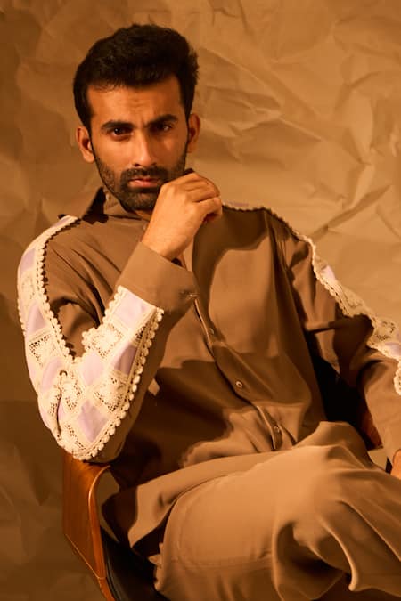 Buy_Rohit Doshi_Beige Textual Design Lachka And Armani Shirt 