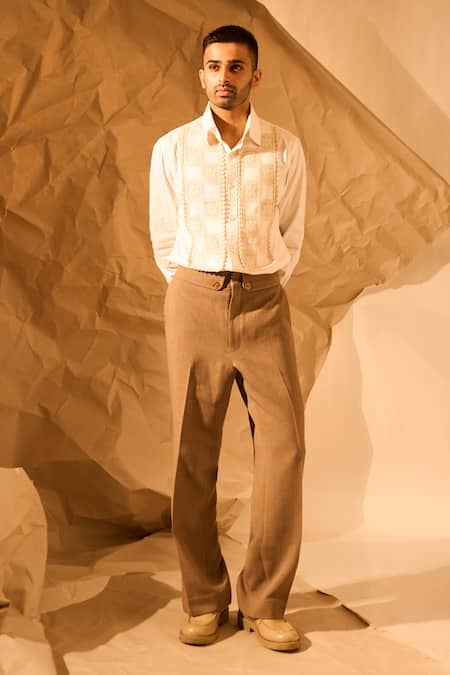 Rohit Doshi_White Suiting Lace, Embroidery Bishop Chess Piece Applique Shirt _Online_at_Aza_Fashions