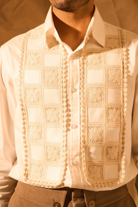 Rohit Doshi_White Suiting Lace, Embroidery Bishop Chess Piece Applique Shirt _at_Aza_Fashions