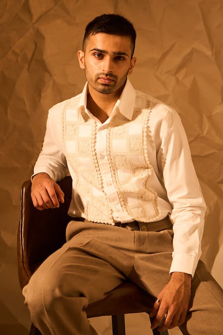 Buy_Rohit Doshi_White Suiting Lace, Embroidery Bishop Chess Piece Applique Shirt 