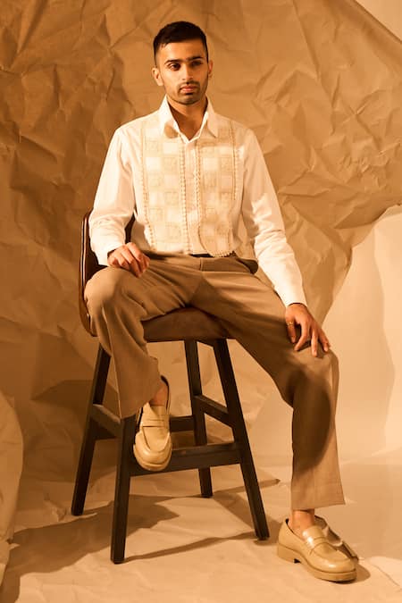 Shop_Rohit Doshi_White Suiting Lace, Embroidery Bishop Chess Piece Applique Shirt 