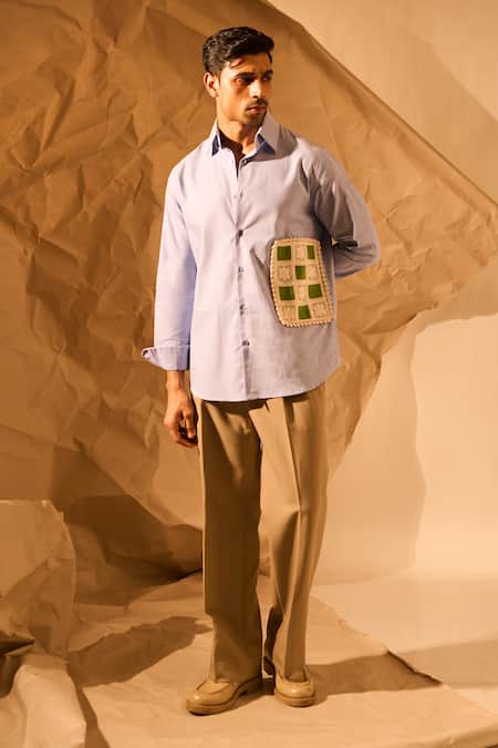 Buy Rohit Doshi Blue Suiting Patchwork Chess Themed Crochet Casual Shirt Online at Aza Fashions Buy_Rohit Doshi_Blue Suiting Patchwork Chess Themed Crochet Casual Shirt _Online_at_Aza_Fashions