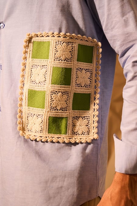 Buy Rohit Doshi Blue Suiting Patchwork Chess Themed Crochet Casual Shirt Buy_Rohit Doshi_Blue Suiting Patchwork Chess Themed Crochet Casual Shirt