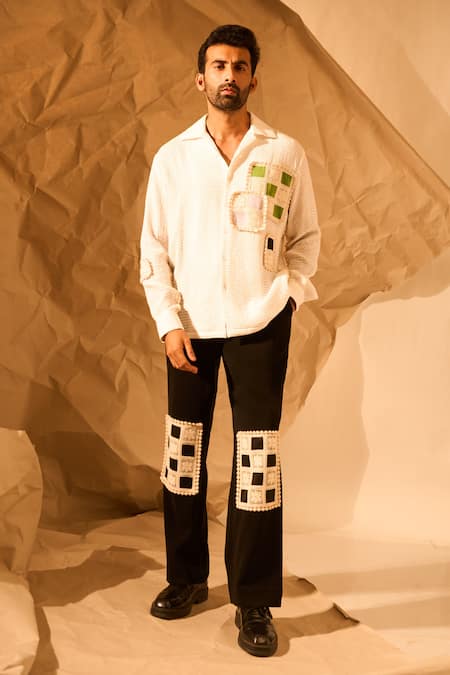 Rohit Doshi_White Patchwork, Lace Textured Shirt _Online_at_Aza_Fashions
