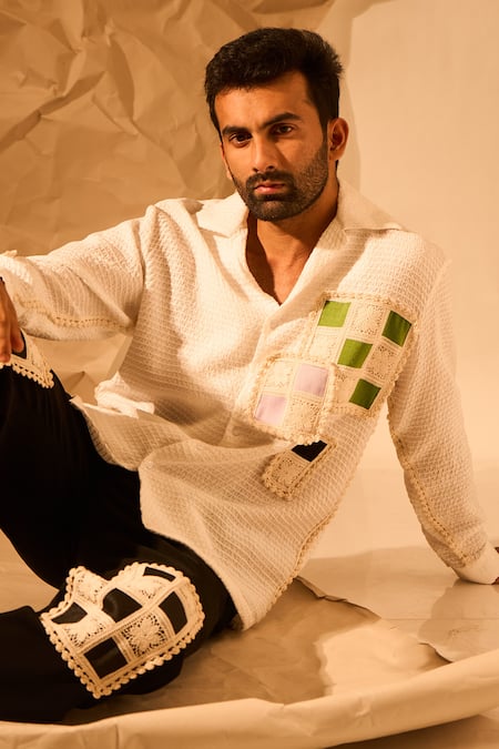 Buy_Rohit Doshi_White Patchwork, Lace Textured Shirt _Online_at_Aza_Fashions