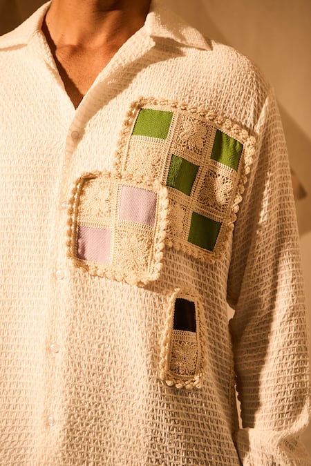 Shop_Rohit Doshi_White Patchwork, Lace Textured Shirt _Online_at_Aza_Fashions