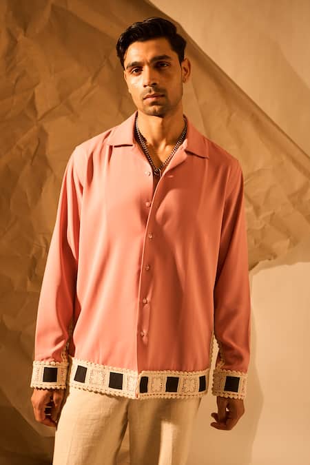 Shop Rohit Doshi Pink Lace, Patchwork Lachka Armani Shirt Online at Aza Fashions Shop_Rohit Doshi_Pink Lace, Patchwork Lachka Armani Shirt _Online_at_Aza_Fashions