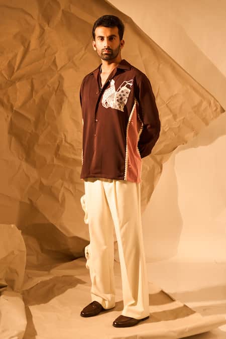 Buy_Rohit Doshi_Brown Embroidery, Lace Abstract Panelled Shirt _Online_at_Aza_Fashions