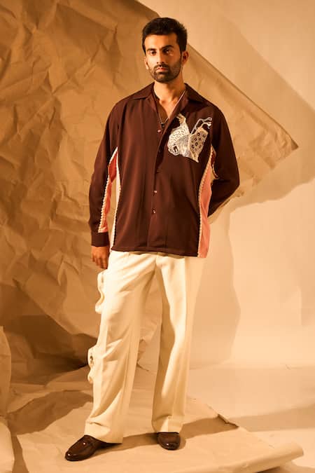 Shop_Rohit Doshi_Brown Embroidery, Lace Abstract Panelled Shirt _Online_at_Aza_Fashions
