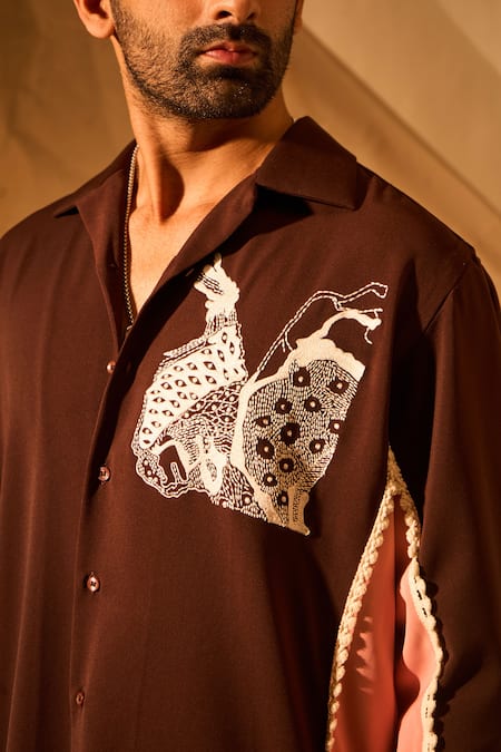 Rohit Doshi_Brown Embroidery, Lace Abstract Panelled Shirt _at_Aza_Fashions
